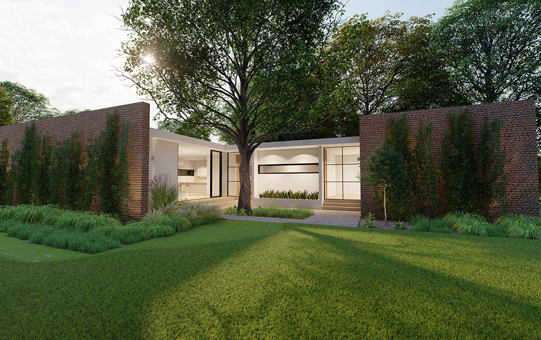 Fachada y jardín con árboles de Casa Tabique, una casa con acabados minimalistas, diseñada y construida por A4 Arquitectura