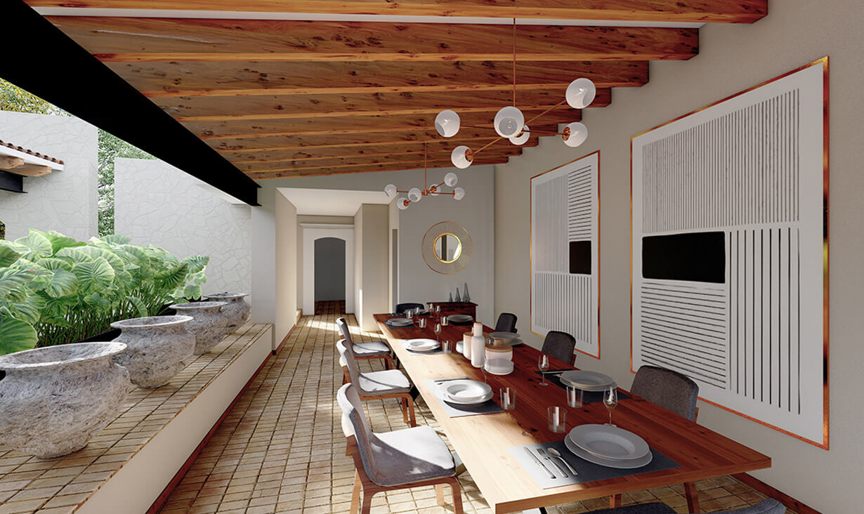 Comedor con sillas y vajilla, así como lámparas de diseñador en el proyecto Padre Rubén, donde se realizó diseño de interiores con acabados campestres, por A4 Arquitectura