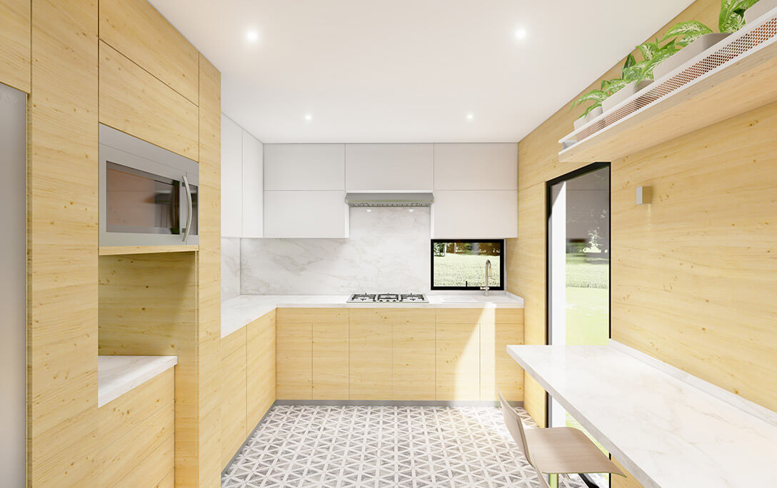 Techo, horno de microondas y muebles de Cocina La Vida, donde se realizó remodelación y diseño de interiores, por A4 Arquitectura