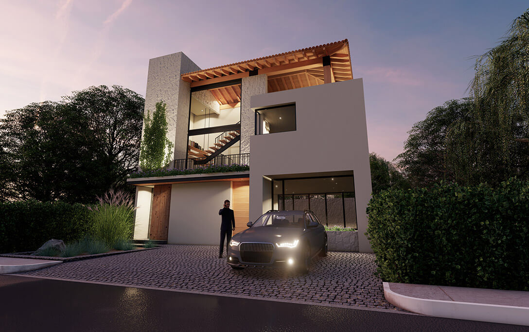 Vegetación y persona con auto en fachada del proyecto Humberto, una casa residencial con acabados minimalistas, diseñada y construida por A4 Arquitectura