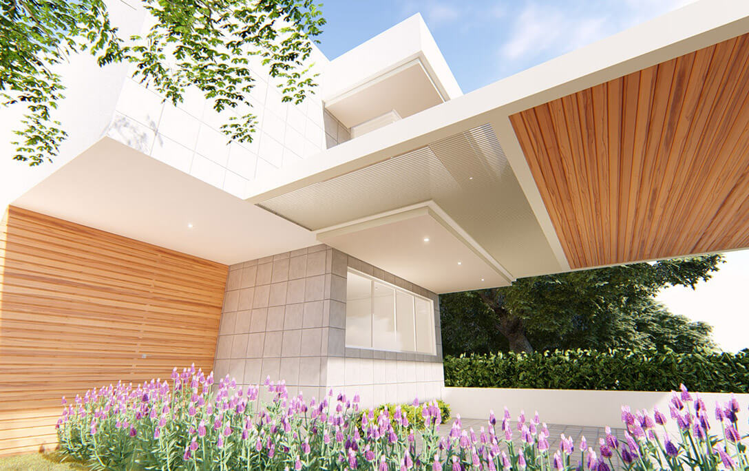 Flores y vegetación junto a detalles de la fachada del proyecto Privada Da Vinci, una casa residencial blanca con diseño minimalista, diseñada y remodelada por A4 Arquitectura