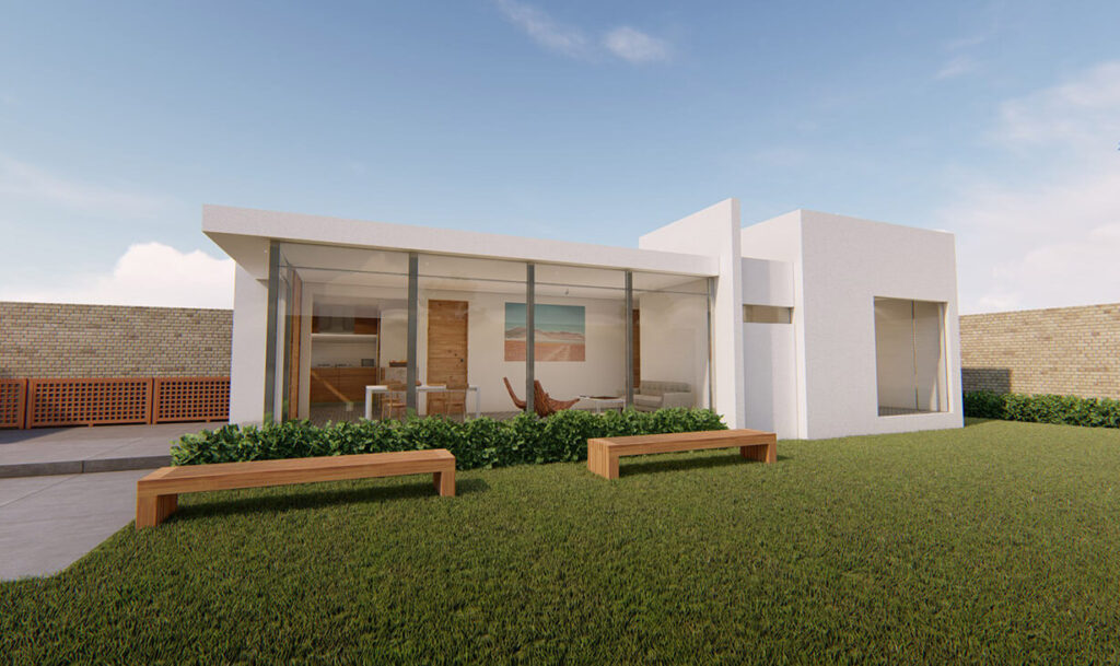 Jardín exterior con césped, bancas y fachada del proyecto Rosalía, una casa blanca con diseño de interior minimalista, diseñada y construida por A4 Arquitectura